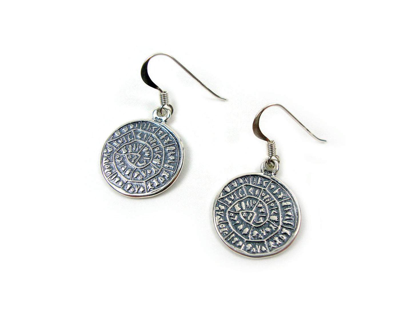 Phaistos Disc Silver Earrings, Sterling Silver 925 Dangle Earrings Ancient Greek Minoan Phaistos Disc 17 mm, Griechische Ohrringe Schmuck