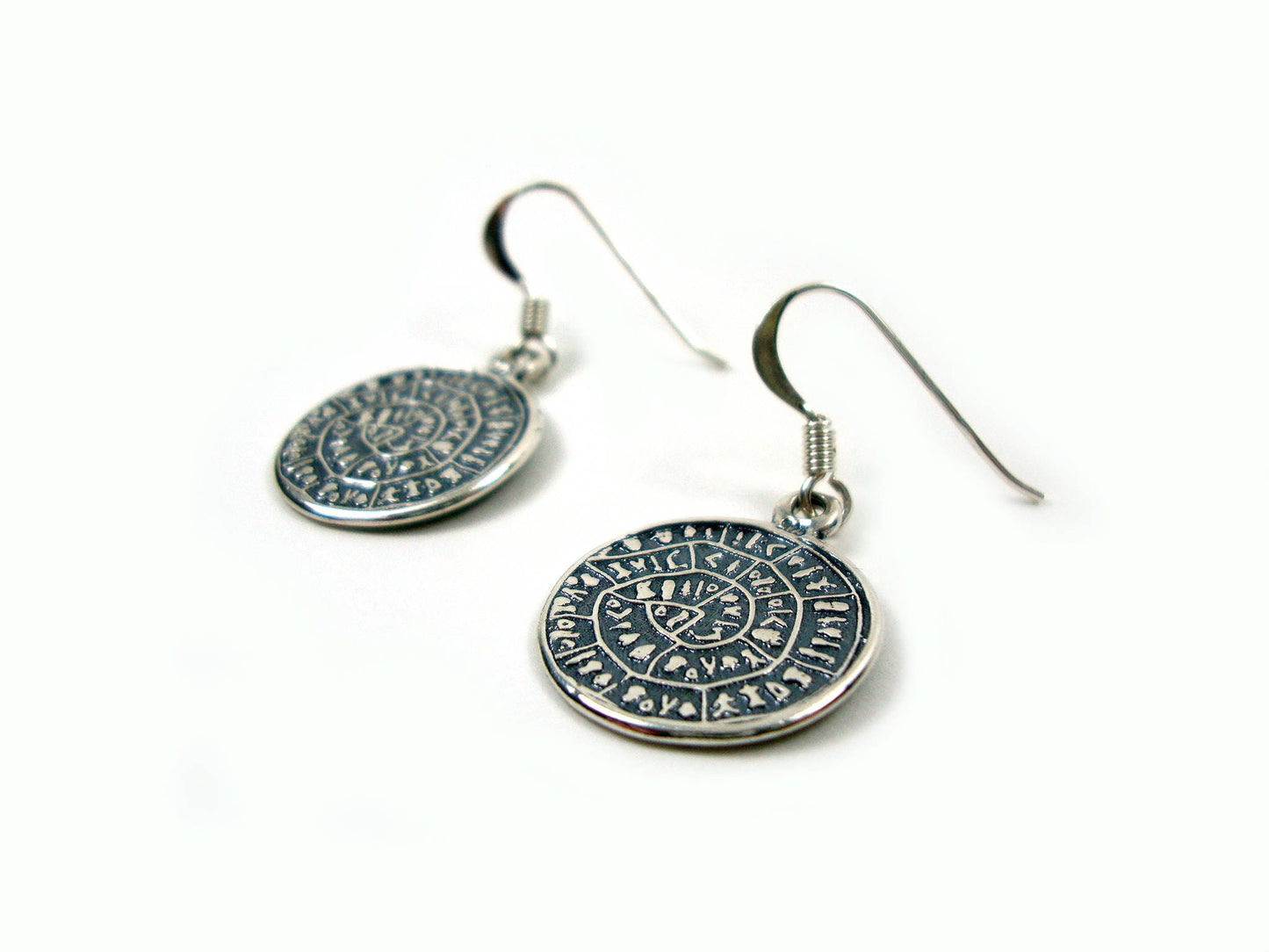 Phaistos Disc Silver Earrings, Sterling Silver 925 Dangle Earrings Ancient Greek Minoan Phaistos Disc 17 mm, Griechische Ohrringe Schmuck
