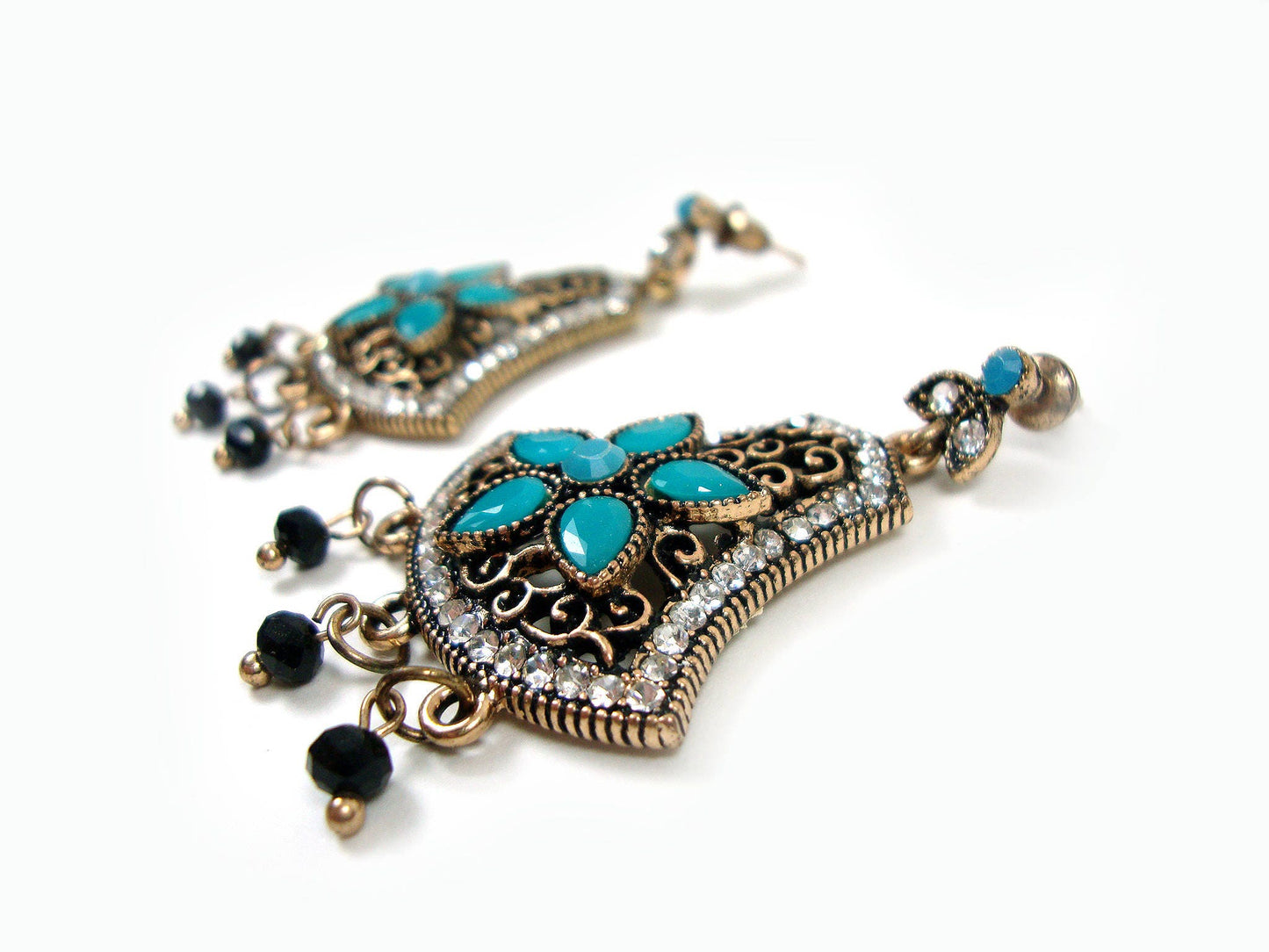 Greek Jewelry, Antique Style Blue-White Crystal Stones Vintage Dangle Earrings, Ethnic Antique Earrings, Byzantine Traditional Jewelry