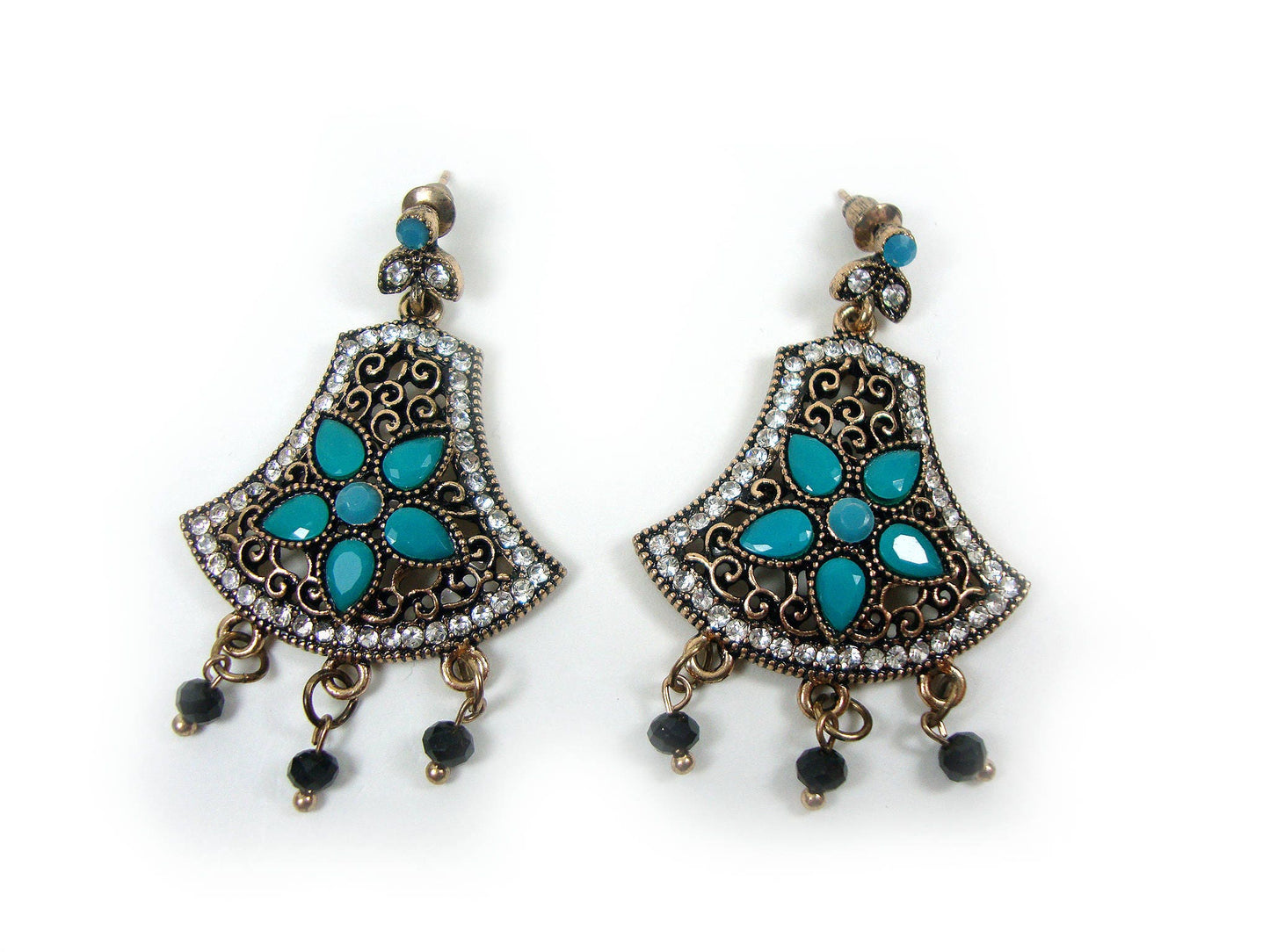 Greek Jewelry, Antique Style Blue-White Crystal Stones Vintage Dangle Earrings, Ethnic Antique Earrings, Byzantine Traditional Jewelry