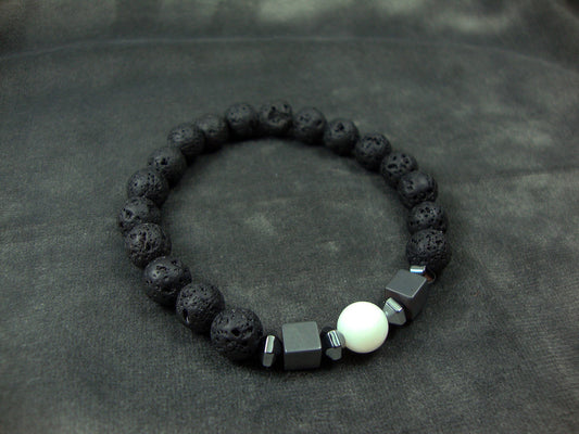 Lava Bracelet ,Santorini Natural Black Volcanic Lava 8mm - White Onyx 8mm - Hematite - Unique Design Handmade Greek Men Women