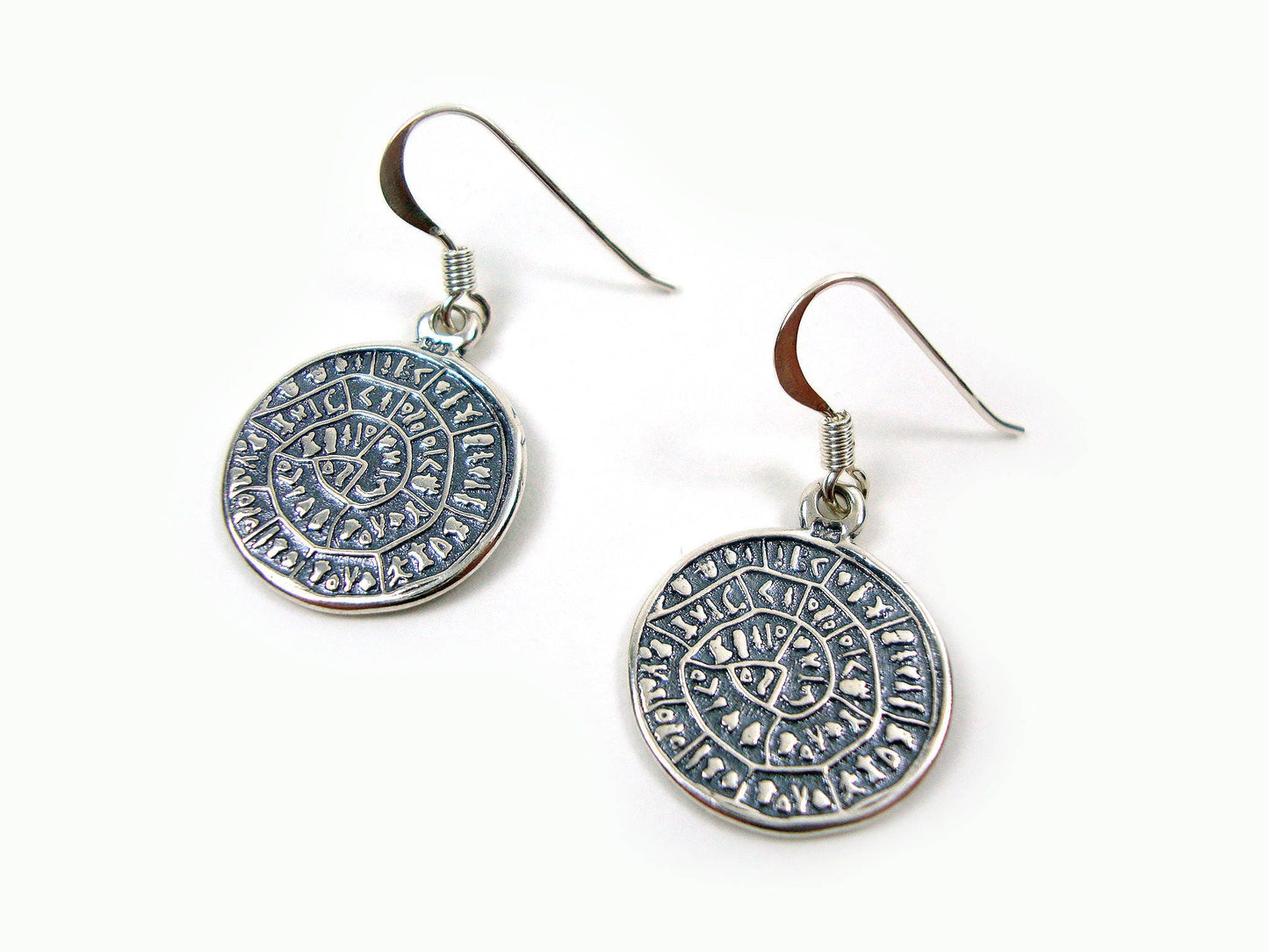 Phaistos Disc Silver Earrings, Sterling Silver 925 Dangle Earrings Ancient Greek Minoan Phaistos Disc 17 mm, Griechische Ohrringe Schmuck