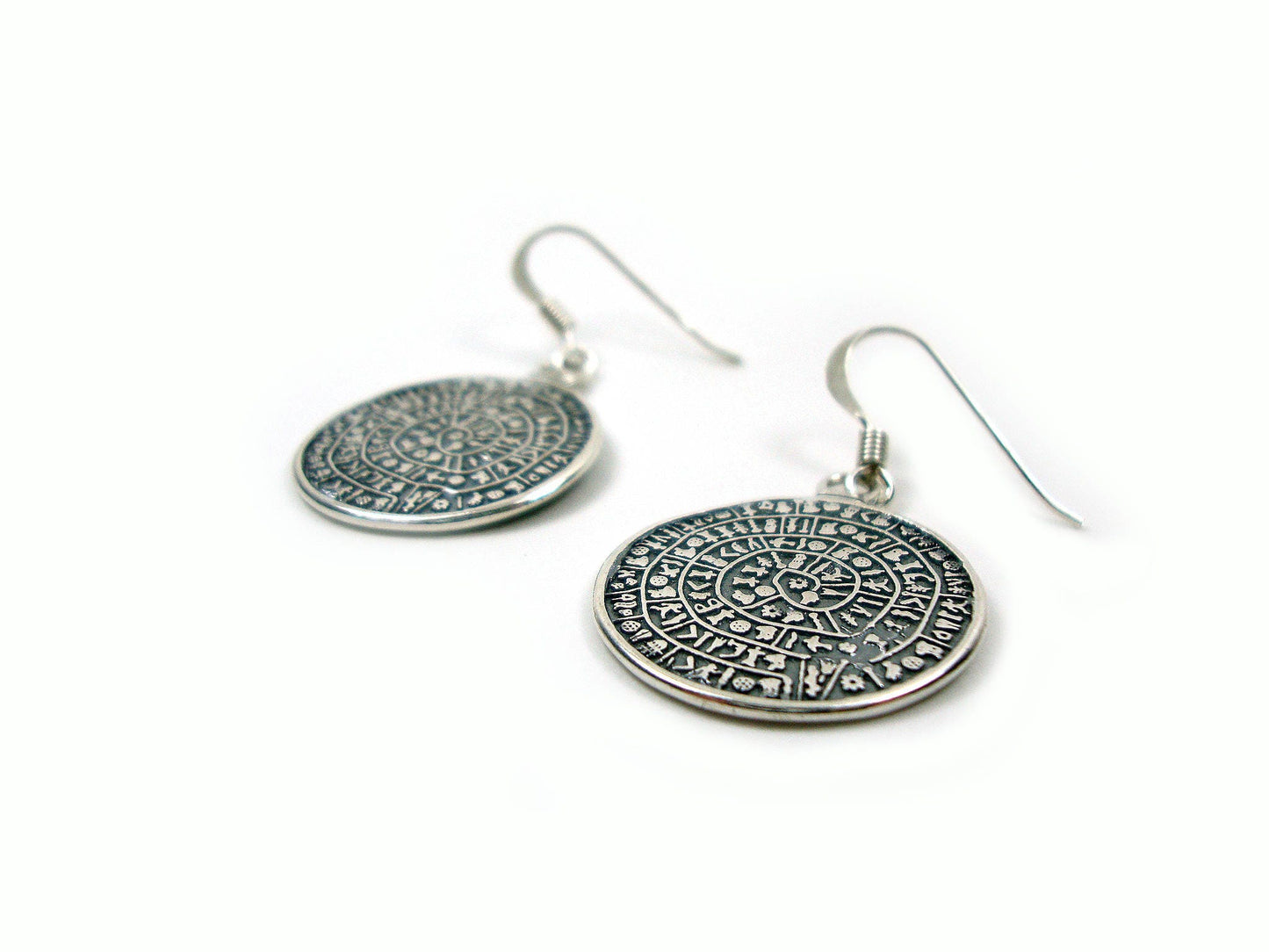 Phaistos Disc Silver Dangle Earrings 20mm