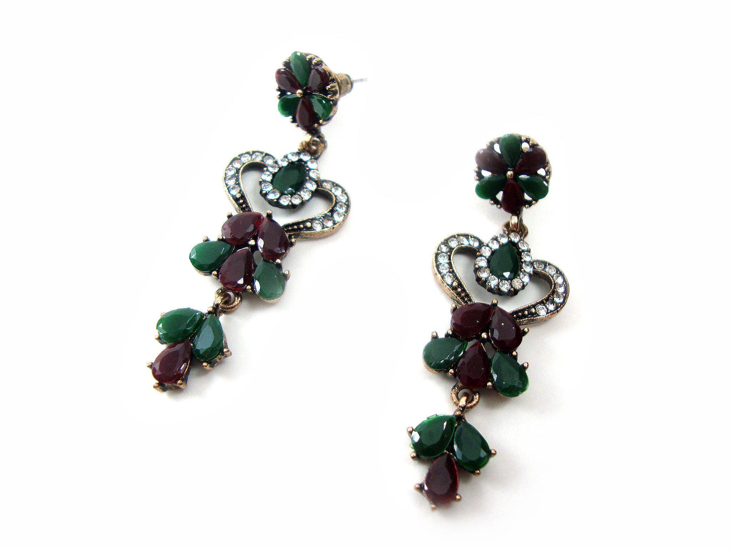 Greek Jewelry, Antique Style Multi Color Crystal Stones Long Dangle Earrings, Ethnic Antique Earrings, Byzantine Traditional Jewels