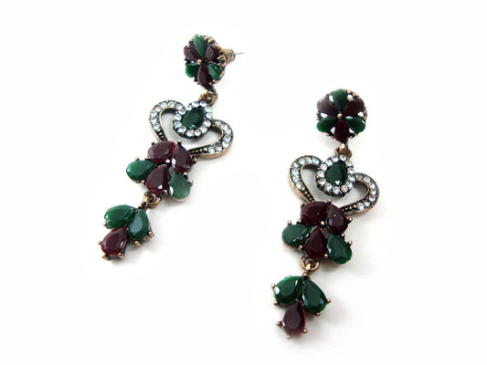 Greek Jewelry, Antique Style Multi Color Crystal Stones Long Dangle Earrings, Ethnic Antique Earrings, Byzantine Traditional Jewels