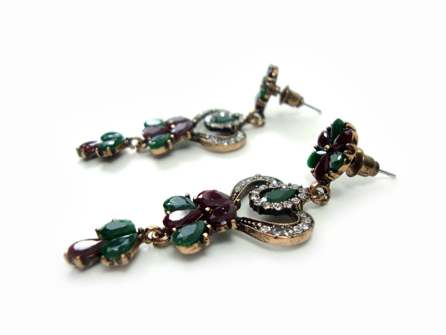 Greek Jewelry, Antique Style Multi Color Crystal Stones Long Dangle Earrings, Ethnic Antique Earrings, Byzantine Traditional Jewels