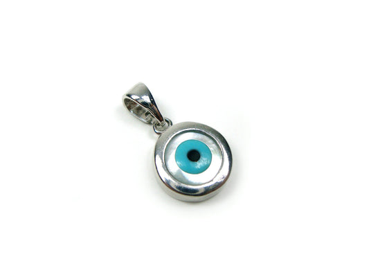 Sterling Silver 925 Greek Evil Eye Mother Of Pearl Pendant 11mm, Griechische Silber Meander Anhanger, Pendetif Grecque En Argent Grec
