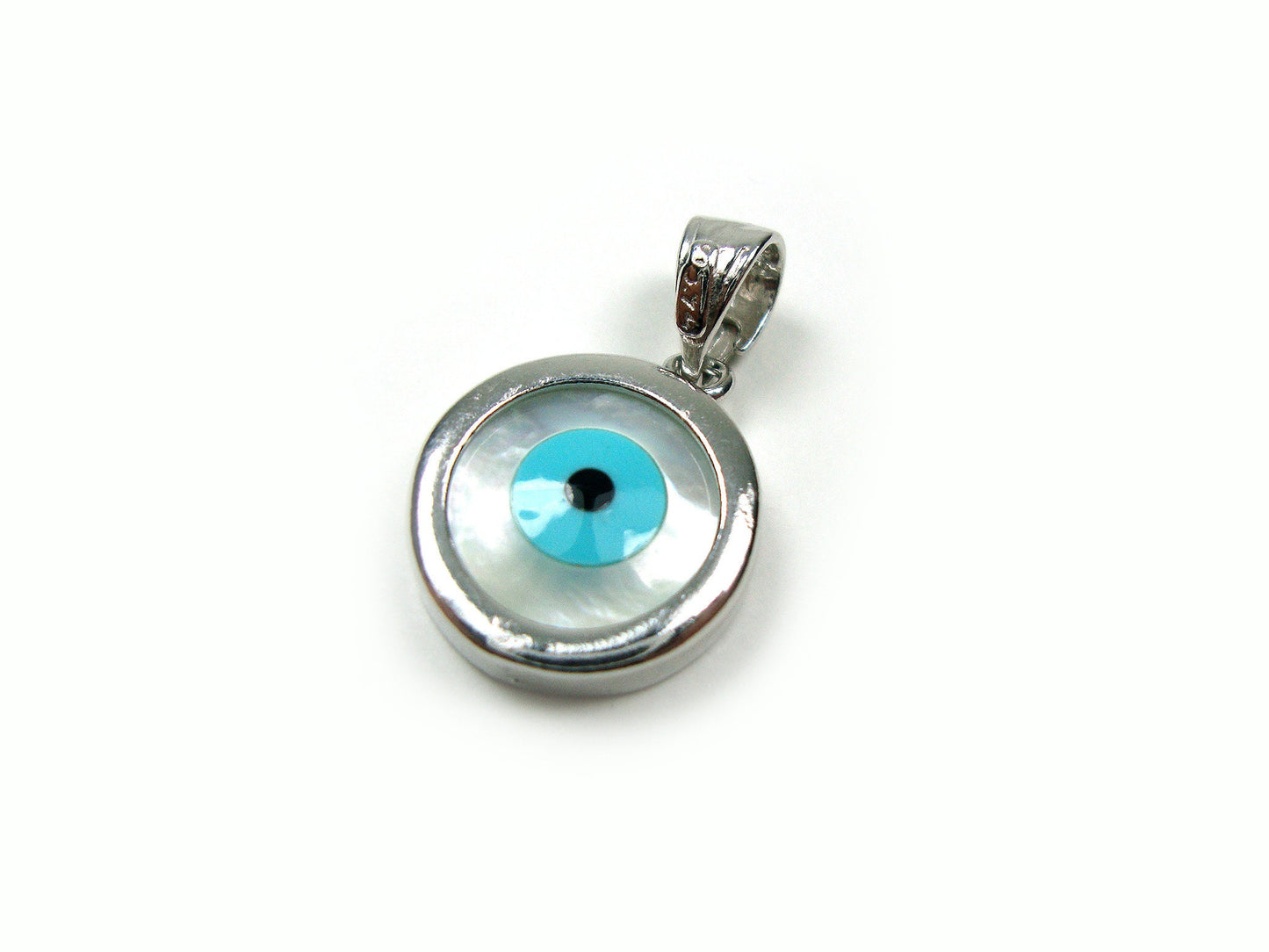 Sterling Silver 925 Greek Evil Eye Mother Of Pearl Pendant 14mm, Griechische Silber Meander Anhanger, Pendetif Grecque En Argent Grec
