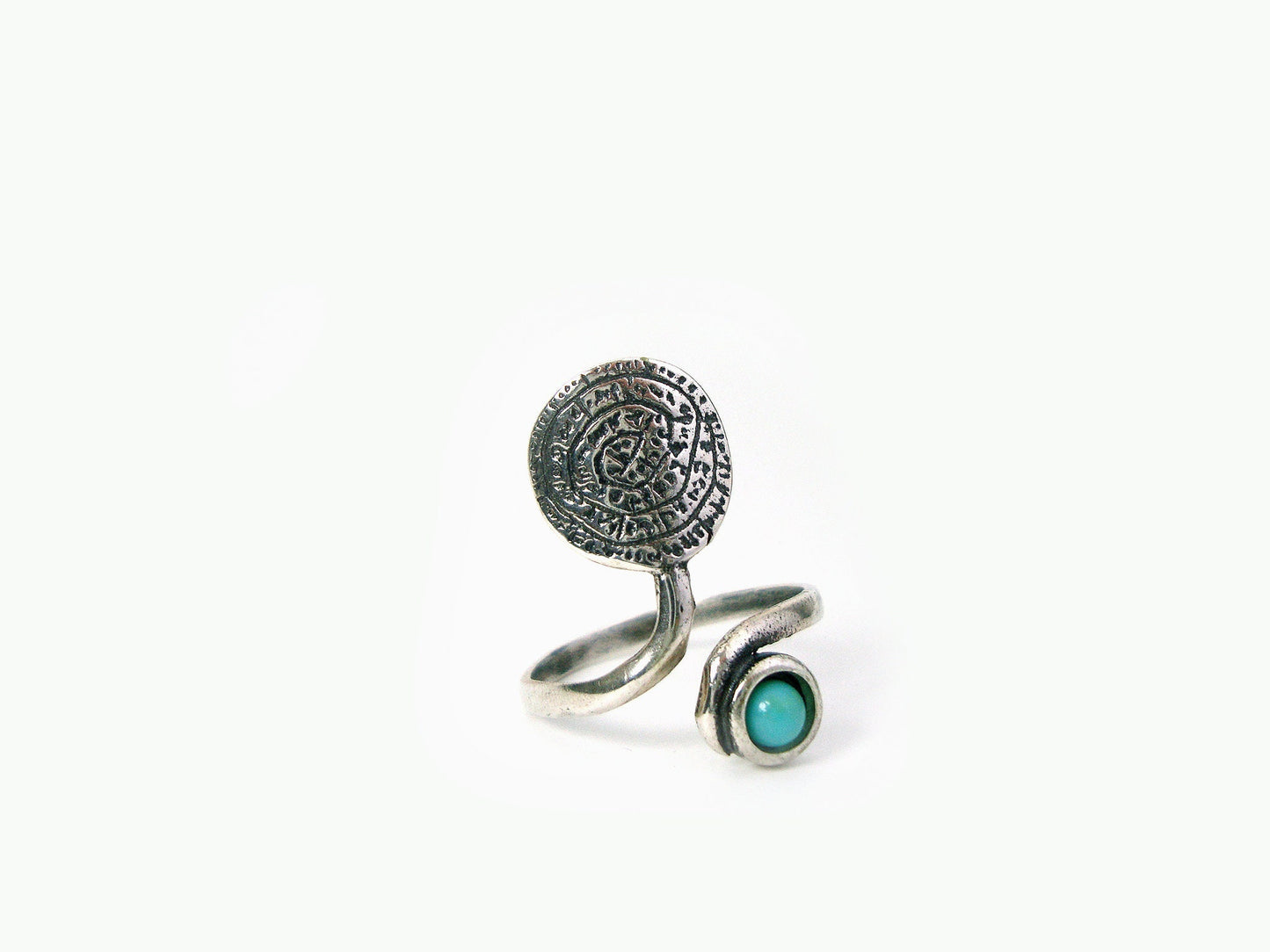 Sterling Silver 925 Ancient Greek Minoan Phaistos Disc & Turquoise Stone Adjustable Ring, Phaistos Disc Silber Griechische Ring Schmuck