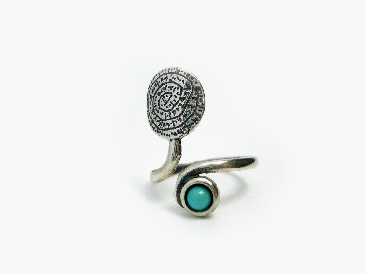Sterling Silver 925 Ancient Greek Minoan Phaistos Disc & Turquoise Stone Adjustable Ring, Phaistos Disc Silber Griechische Ring Schmuck