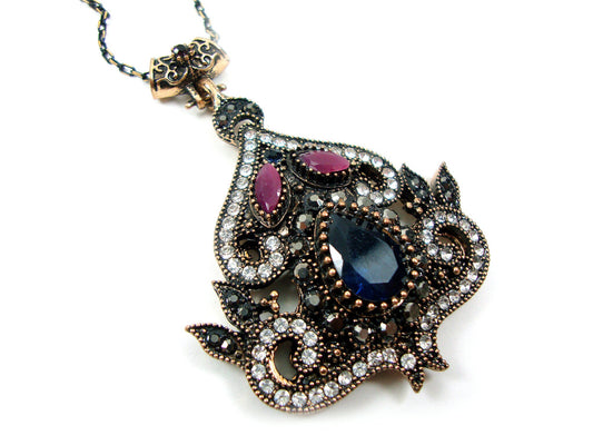 Byzantine Medieval Antique Style Dark Blue, Purple, White Crystal Stones Modern Pendant, Ethnic Pendant, Antique Turkish Pendant Traditional