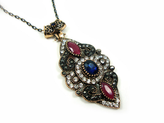 Byzantine Medieval Antique Style Dark Blue, Purple, White Crystal Stones Oval Pendant, Ethnic Pendant, Antique Turkish Pendant Traditional