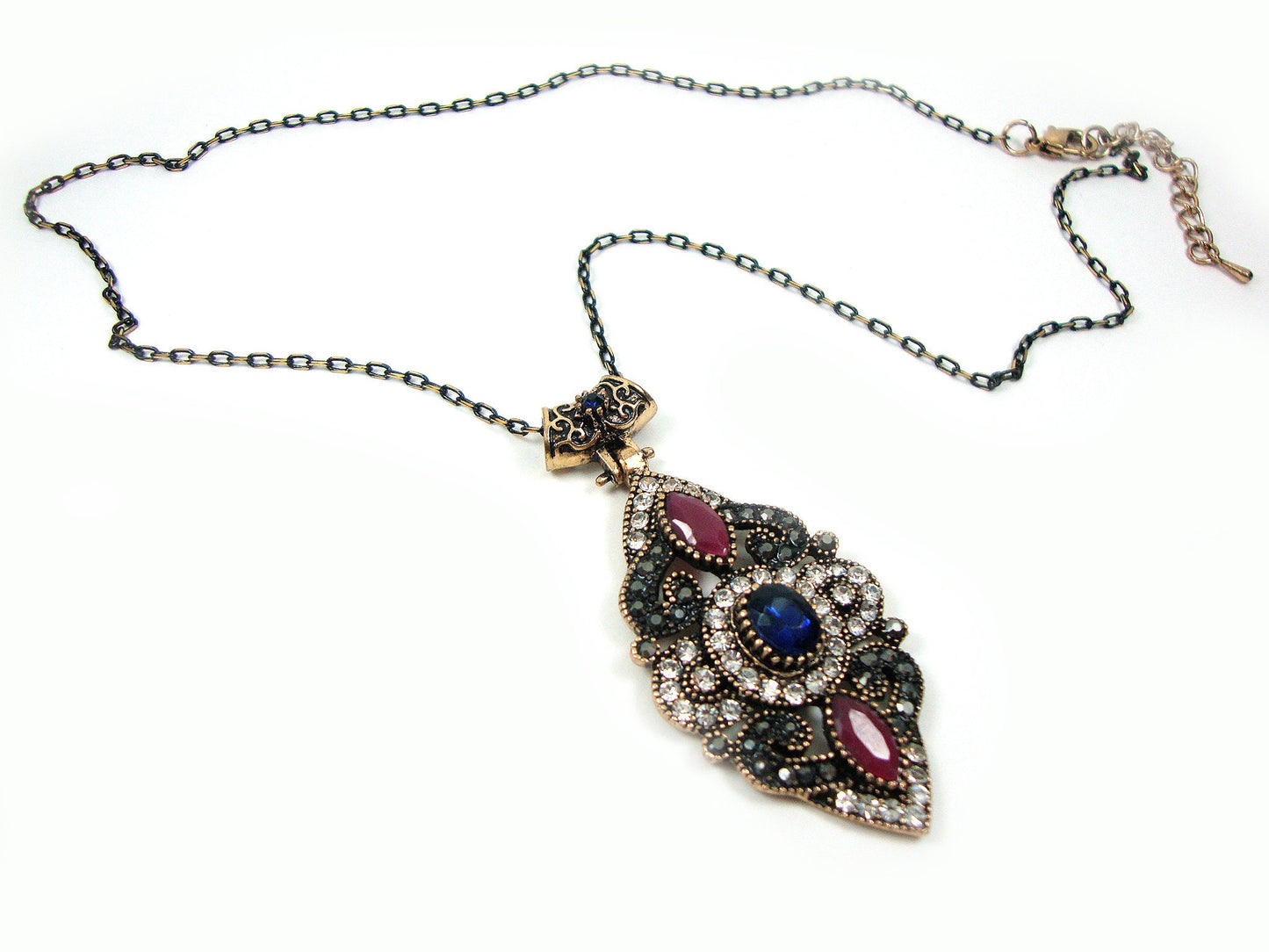 Byzantine Medieval Antique Style Dark Blue, Purple, White Crystal Stones Oval Pendant, Ethnic Pendant, Antique Turkish Pendant Traditional