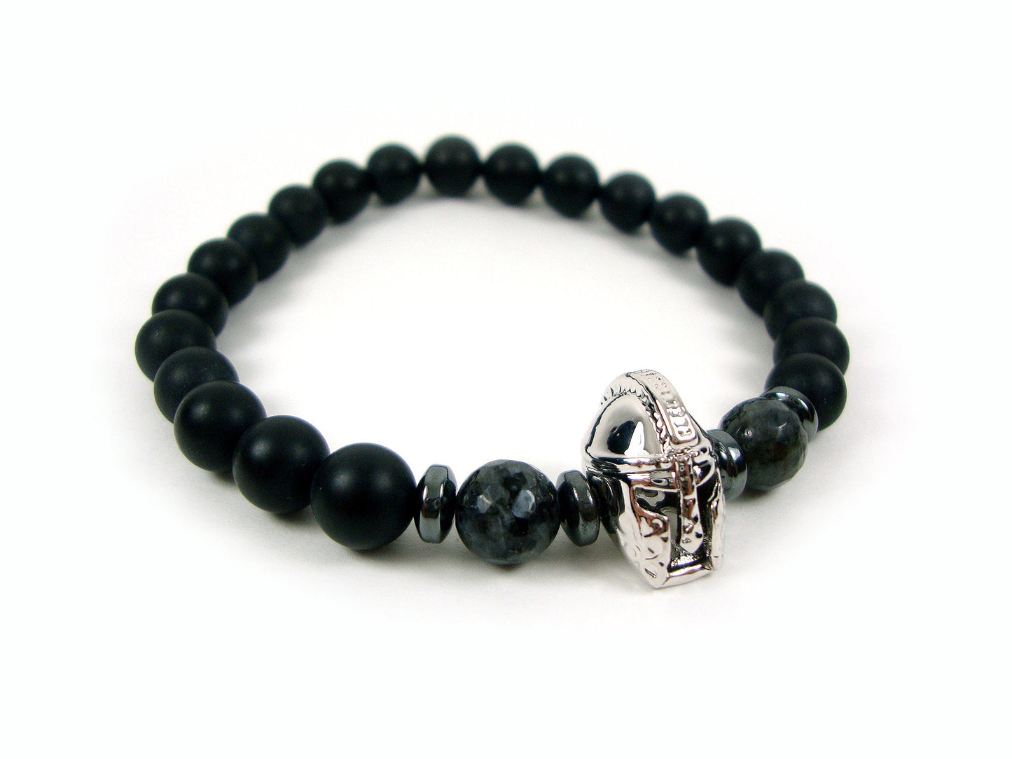 Mens Bracelet, Ancient Greek Silver Color Helmet , Matt Onyx - Larvikite - Hematite, Greek Bracelet, Men Bracelet, Men Jewelry, Black Stones