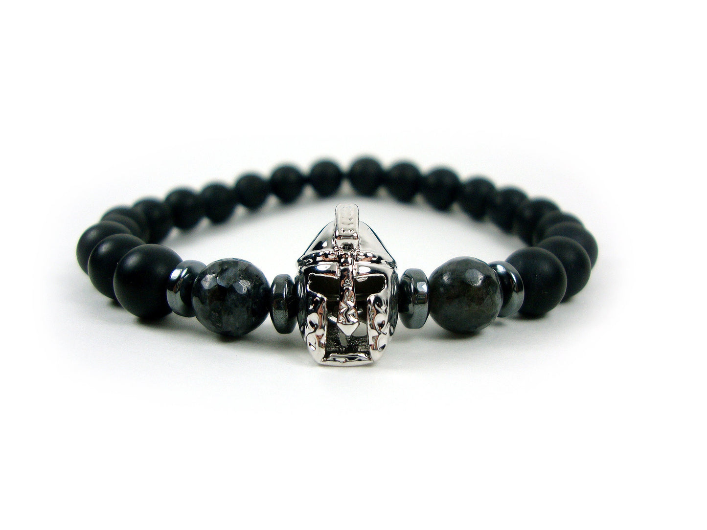 Mens Bracelet, Ancient Greek Silver Color Helmet , Matt Onyx - Larvikite - Hematite, Greek Bracelet, Men Bracelet, Men Jewelry, Black Stones