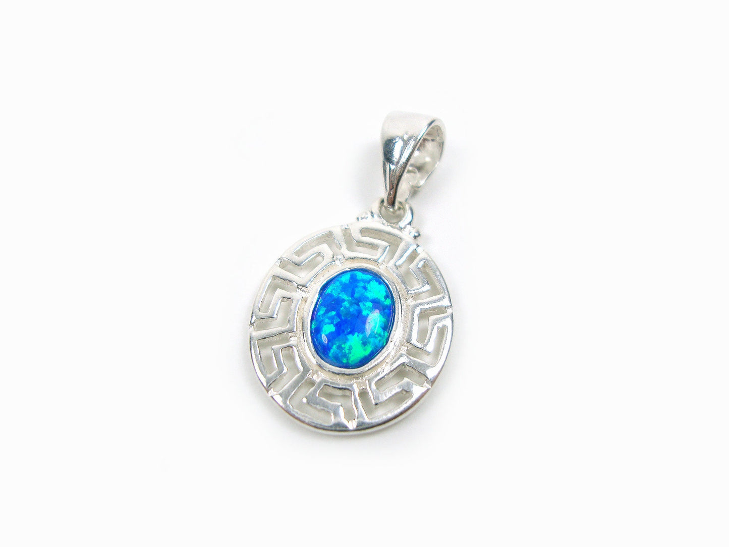 Sterling Silver 925 Greek Fire Rainbow Opal Pendant , Oval Greek Eternity Key 15x18 mm , Greek Jewelry , Griechischer Anhänger Schmuck