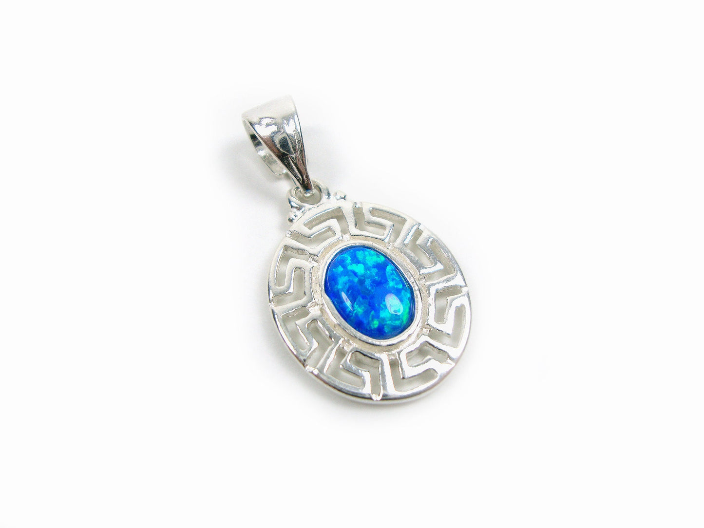 Sterling Silver 925 Greek Fire Rainbow Opal Pendant , Oval Greek Eternity Key 15x18 mm , Greek Jewelry , Griechischer Anhänger Schmuck