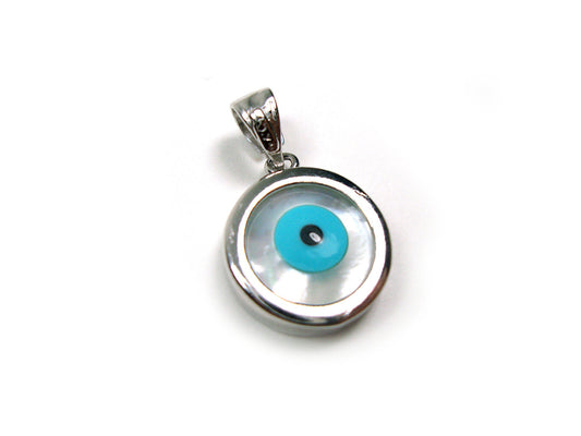 Sterling Silver 925 Greek Evil Eye Mother Of Pearl Pendant 14mm, Griechische Silber Meander Anhanger, Pendetif Grecque En Argent Grec