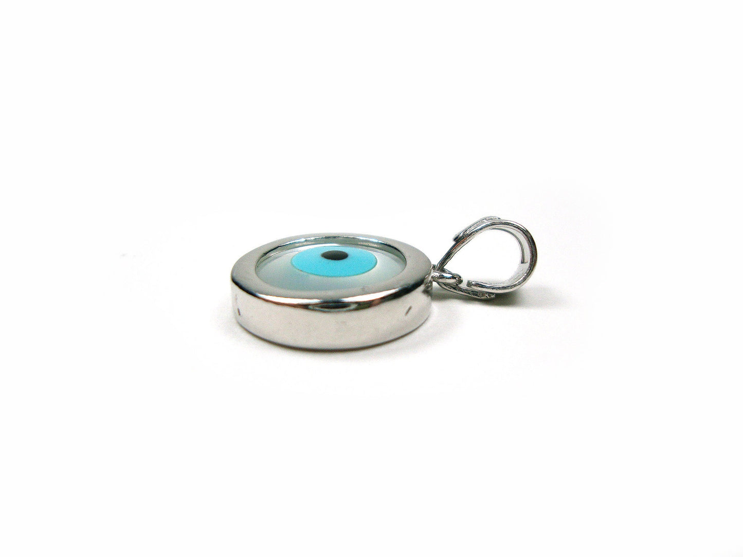 Sterling Silver 925 Greek Evil Eye Mother Of Pearl Pendant 14mm, Griechische Silber Meander Anhanger, Pendetif Grecque En Argent Grec