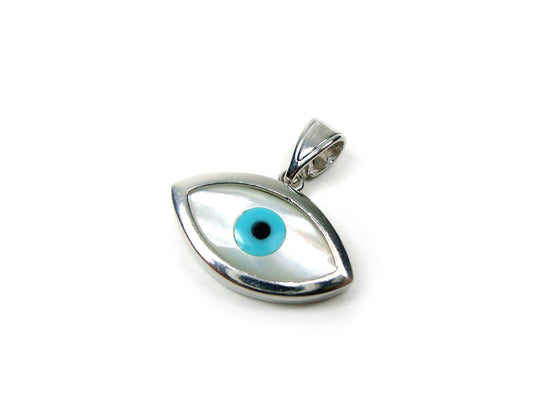 Sterling Silver 925 Greek Evil Eye Mother Of Pearl Pendant 12x22mm, Griechische Silber Meander Anhanger, Pendetif Grecque En Argent Grec