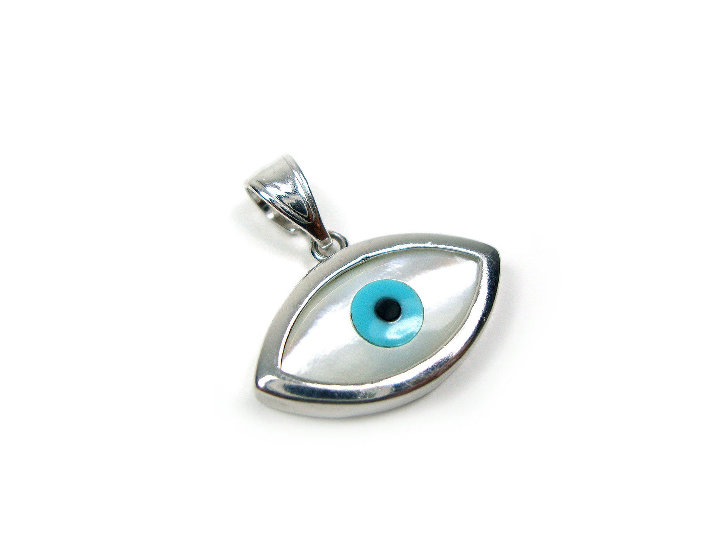 Sterling Silver 925 Greek Evil Eye Mother Of Pearl Pendant 12x22mm, Griechische Silber Meander Anhanger, Pendetif Grecque En Argent Grec