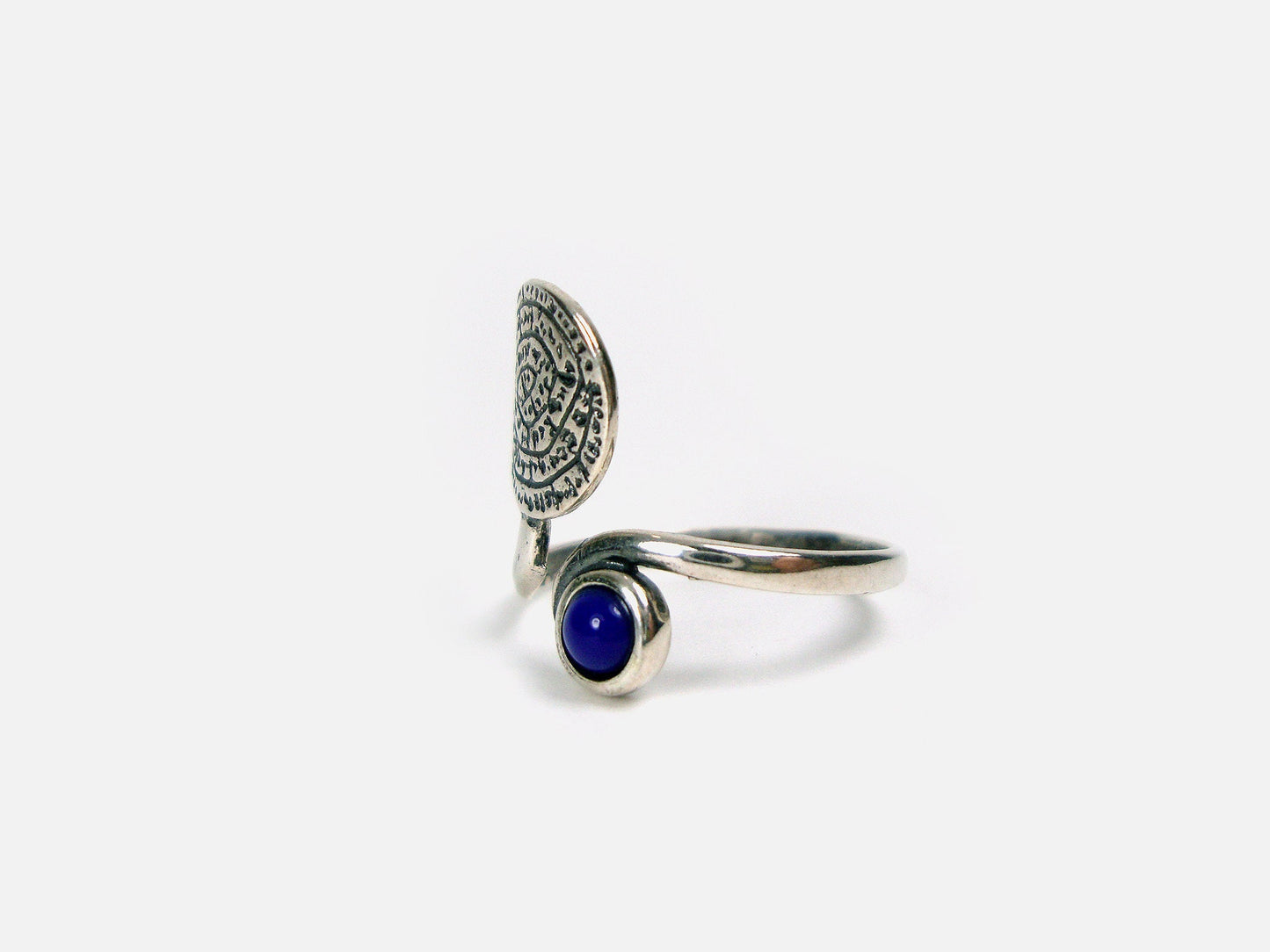 Sterling Silver 925 Ancient Greek Minoan Phaistos Disc & Blue Stone Adjustable Ring, Phaistos Disc Silber Griechische Ring Schmuck