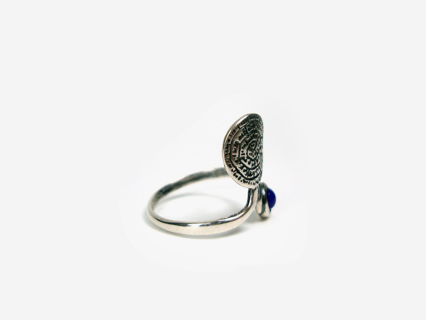 Sterling Silver 925 Ancient Greek Minoan Phaistos Disc & Blue Stone Adjustable Ring, Phaistos Disc Silber Griechische Ring Schmuck