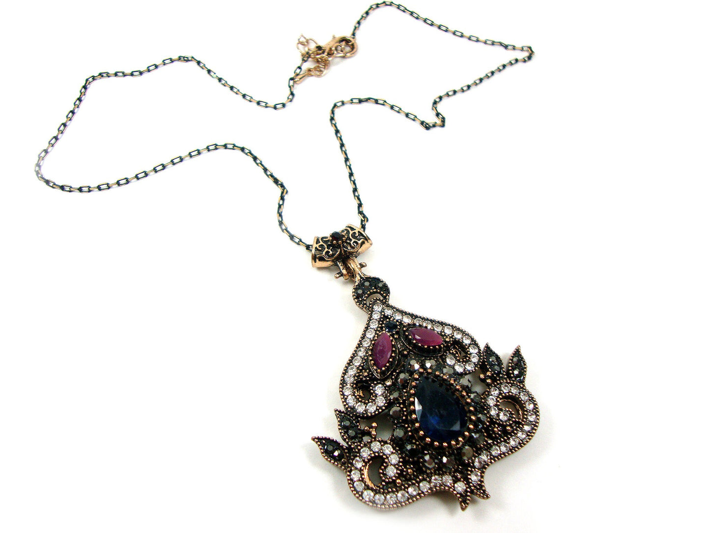 Byzantine Medieval Antique Style Dark Blue, Purple, White Crystal Stones Modern Pendant, Ethnic Pendant, Antique Turkish Pendant Traditional