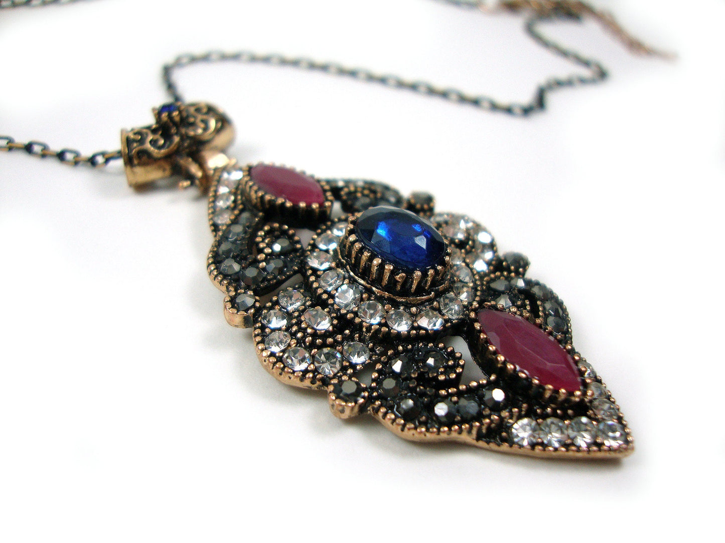 Byzantine Medieval Antique Style Dark Blue, Purple, White Crystal Stones Oval Pendant, Ethnic Pendant, Antique Turkish Pendant Traditional