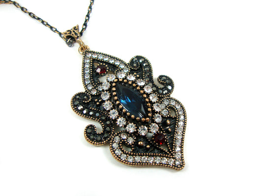 Byzantine Medieval Antique Style Dark Blue, Red, White Crystal Stones Oval Pendant, Ethnic Pendant, Antique Turkish Pendant Traditional