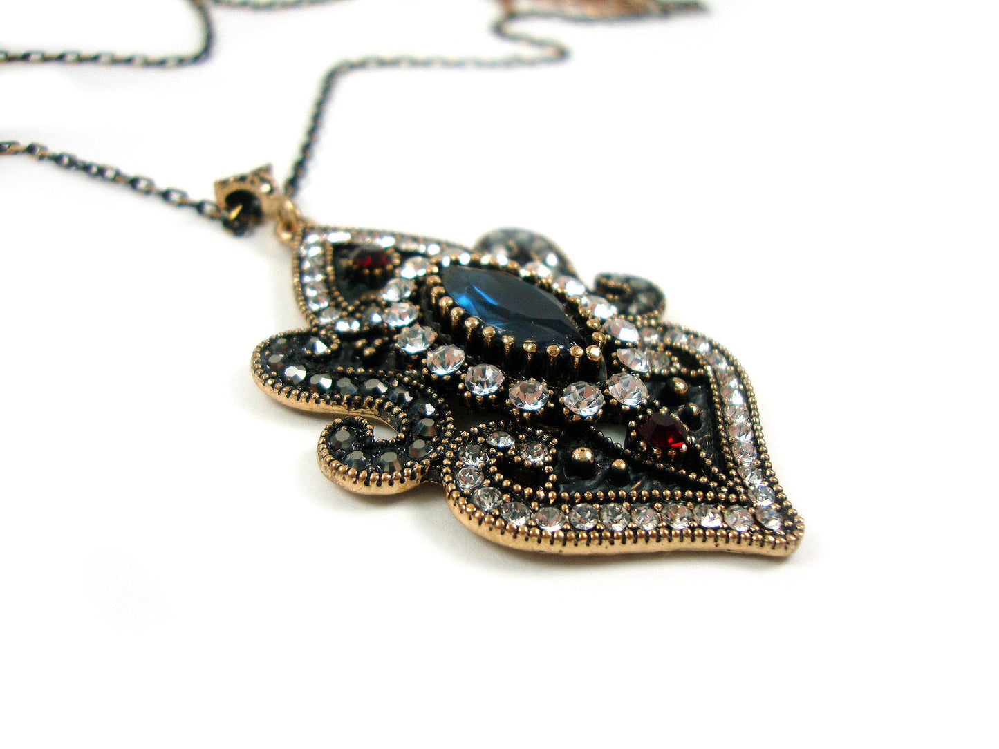 Byzantine Medieval Antique Style Dark Blue, Red, White Crystal Stones Oval Pendant, Ethnic Pendant, Antique Turkish Pendant Traditional