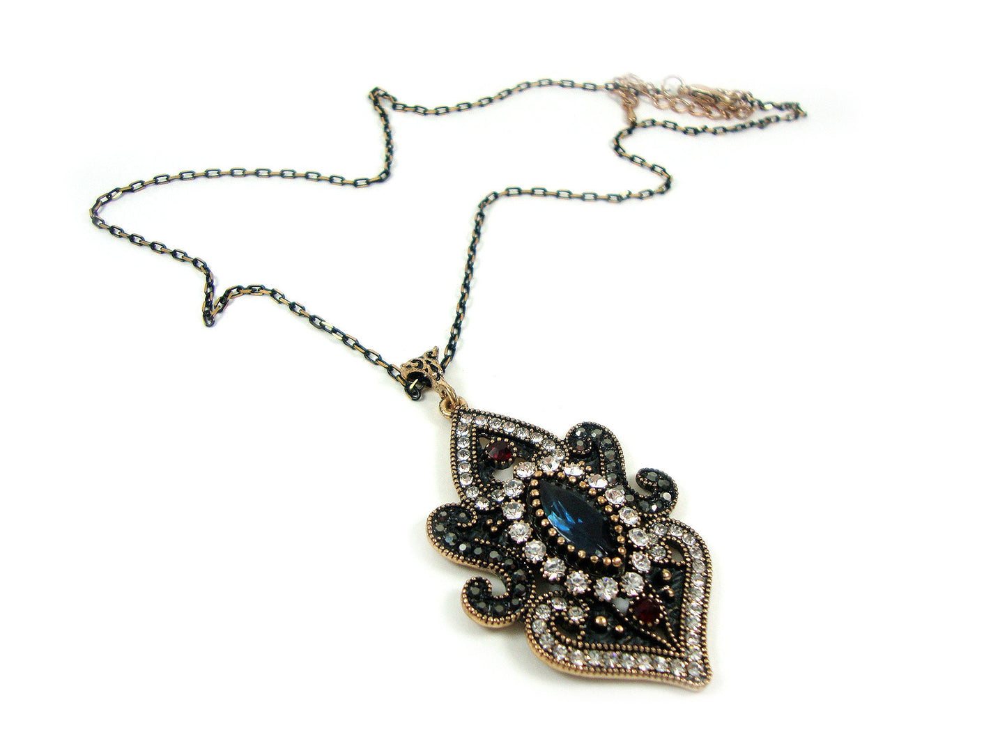 Byzantine Medieval Antique Style Dark Blue, Red, White Crystal Stones Oval Pendant, Ethnic Pendant, Antique Turkish Pendant Traditional