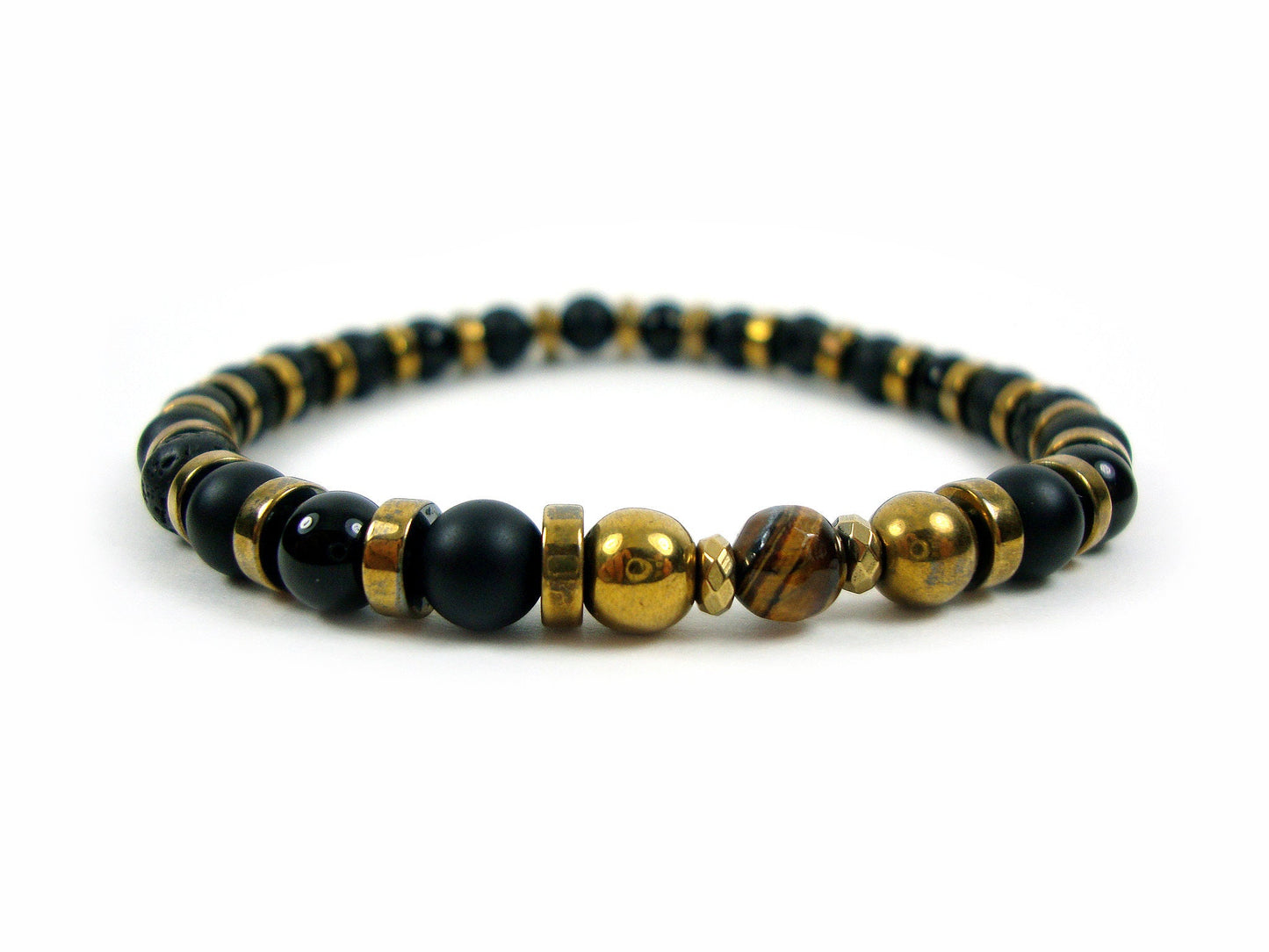Onyx Tiger Eye Bracelet, Mens Bracelet, Womens Bracelet, Lava-Onyx-Tiger Eye-Hematite, Black Stones Bracelet, Gemstone Unisex Bracelet