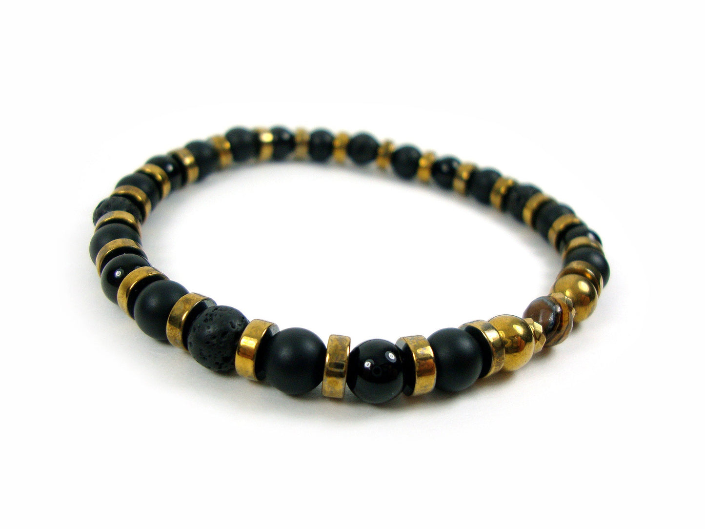 Onyx Tiger Eye Bracelet, Mens Bracelet, Womens Bracelet, Lava-Onyx-Tiger Eye-Hematite, Black Stones Bracelet, Gemstone Unisex Bracelet