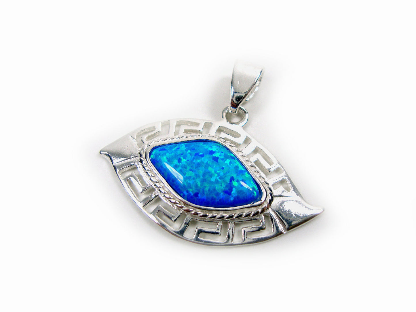 Sterling Silver 925 Greek Key Blue Evil Eye Mati Shape Pendant 30x20mm, Greek Opal Pendant, Greek Pendant, Fire Rainbow Opal , Griechische