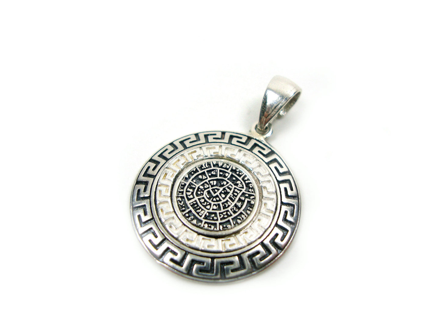 Sterling Silver 925 Ancient Greek Eternity Key Meander & Phaistos Disc 21mm Pendant , Griechische Silber Anhanger, Phaistos Disc Pendant