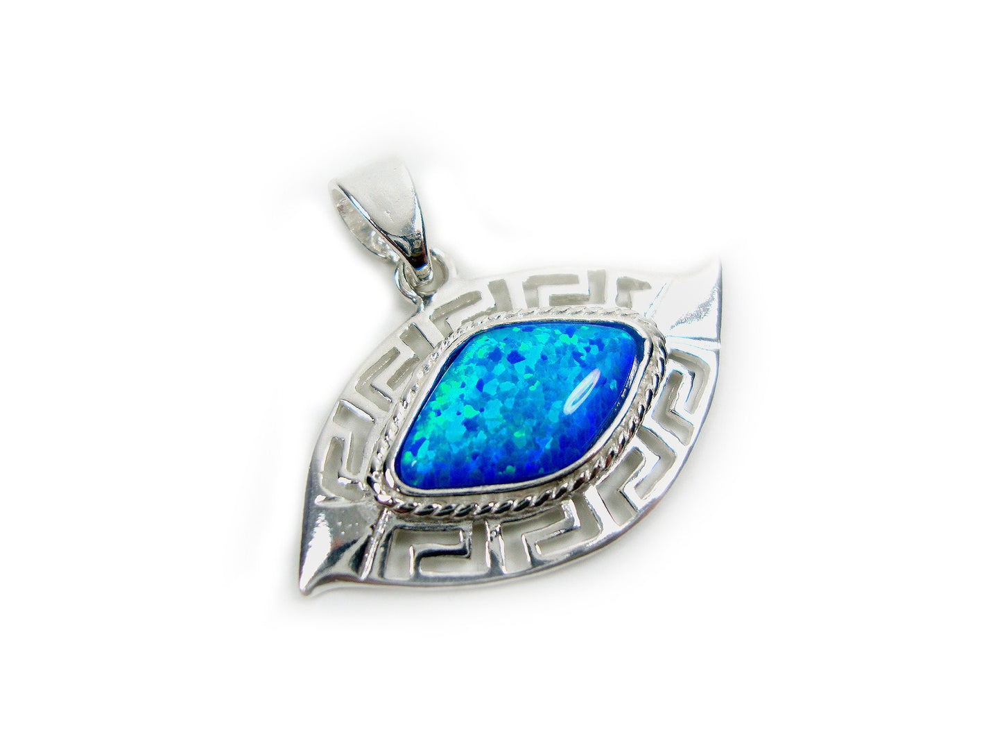 Sterling Silver 925 Greek Key Blue Evil Eye Mati Shape Pendant 30x20mm, Greek Opal Pendant, Greek Pendant, Fire Rainbow Opal , Griechische