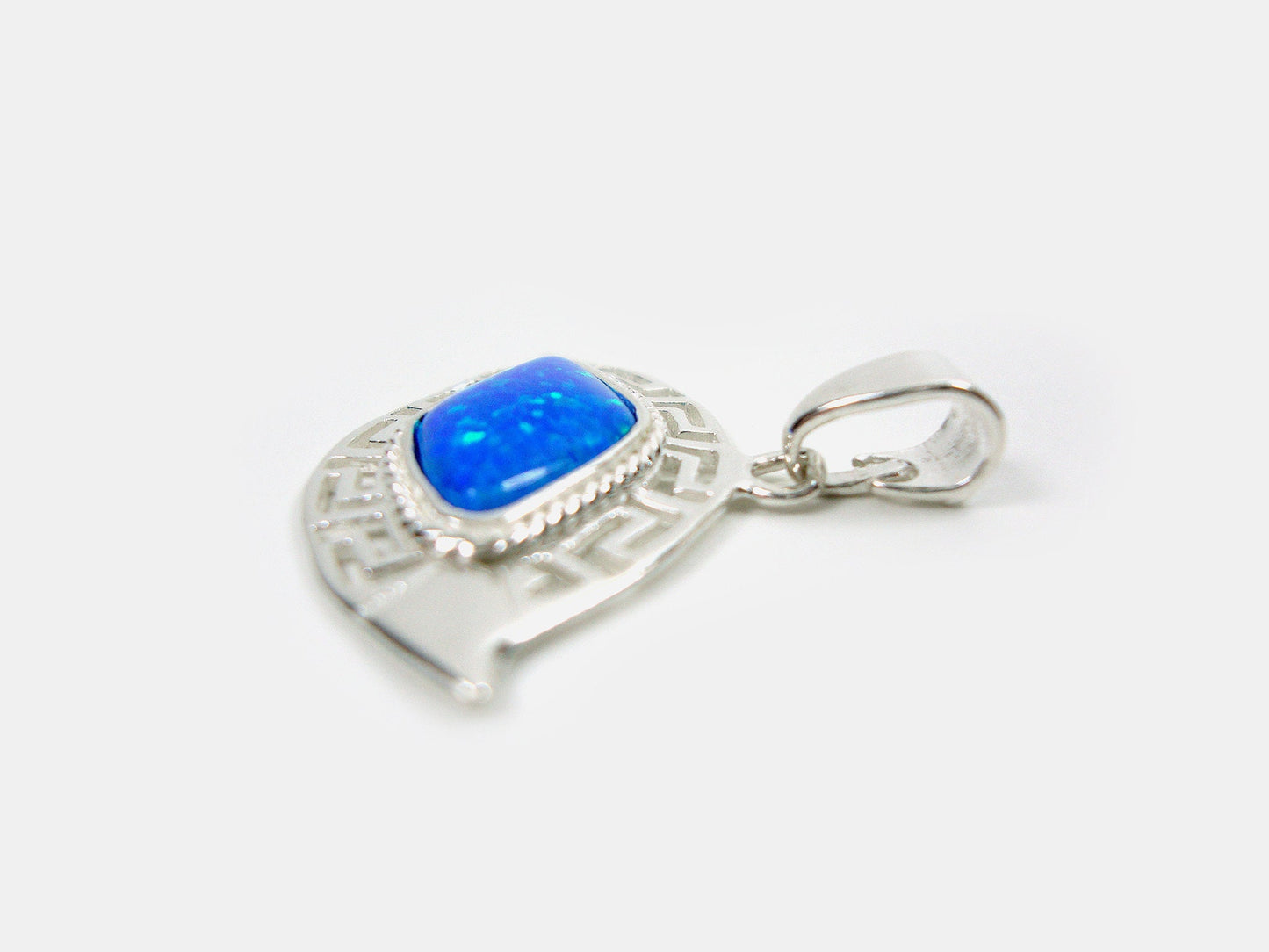 Sterling Silver 925 Greek Key Blue Evil Eye Mati Shape Pendant 30x20mm, Greek Opal Pendant, Greek Pendant, Fire Rainbow Opal , Griechische