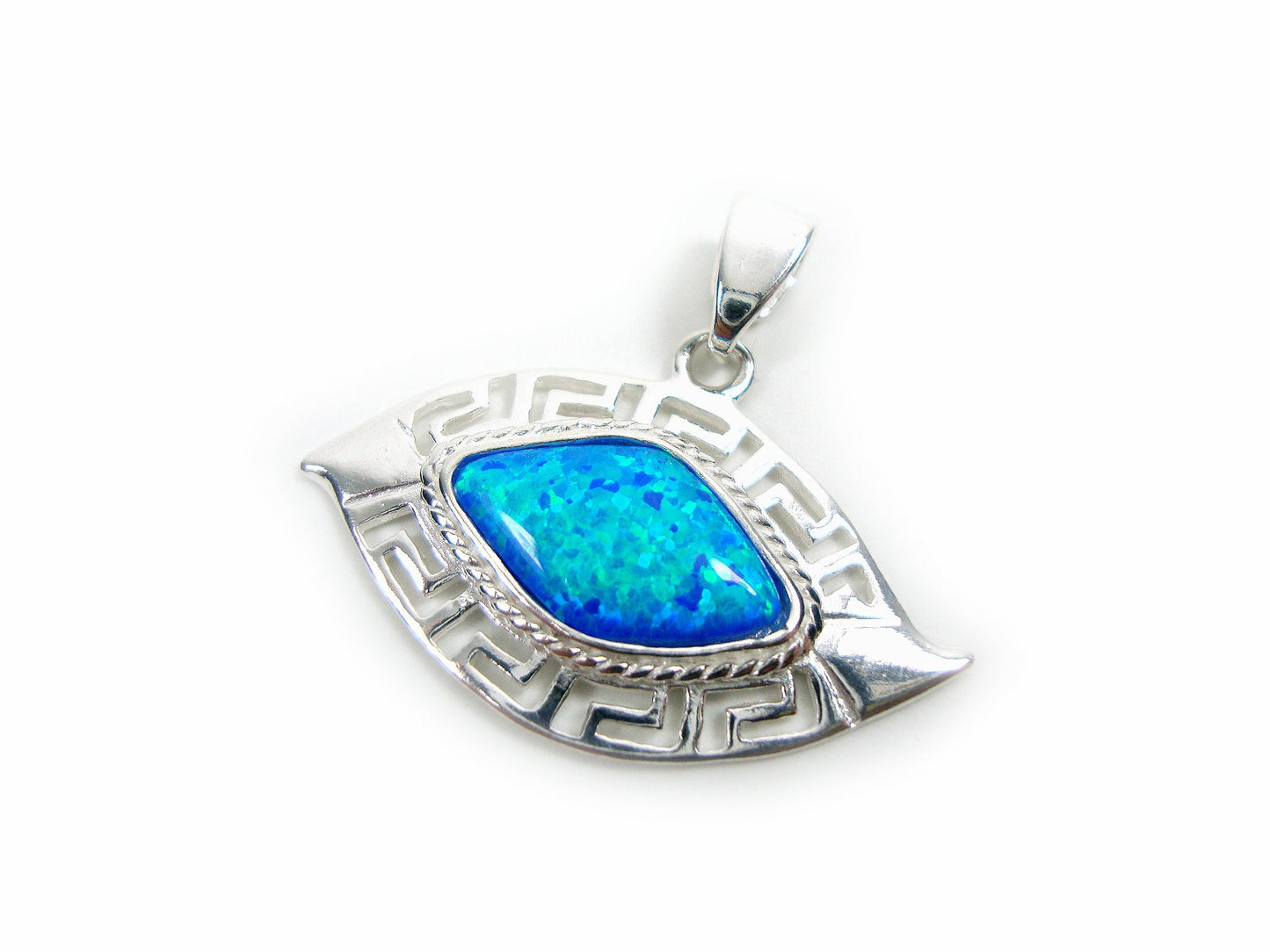 Sterling Silver 925 Greek Key Blue Evil Eye Mati Shape Pendant 30x20mm, Greek Opal Pendant, Greek Pendant, Fire Rainbow Opal , Griechische