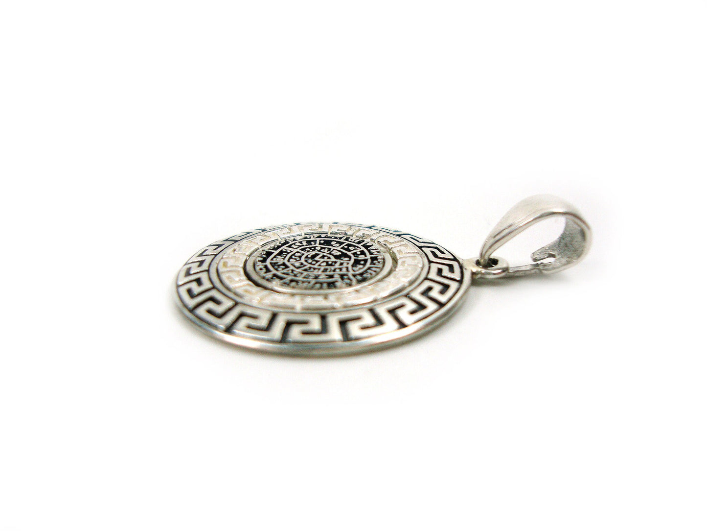 Sterling Silver 925 Ancient Greek Eternity Key Meander & Phaistos Disc 21mm Pendant , Griechische Silber Anhanger, Phaistos Disc Pendant