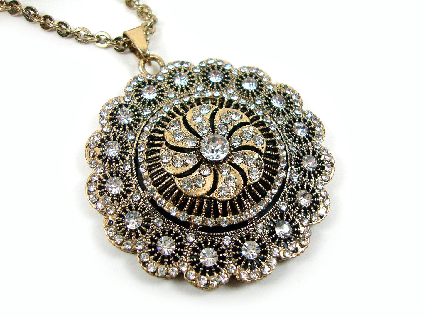Byzantine Modern Round Big Crystal Stones Chain Pendant 50mm, Ethnic Pendant, Antique Turkish Traditional Jewelry, Crystal Long Necklace