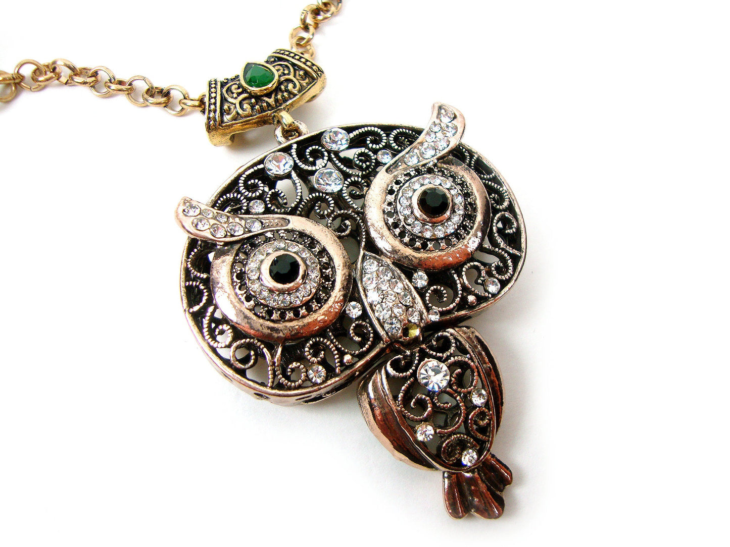 Byzantine Modern Oval Big Owl 75x50mm Crystal Stones Chain Owl Pendant, Ethnic, Antique Turkish Traditional Jewelry, Turkish Pendant