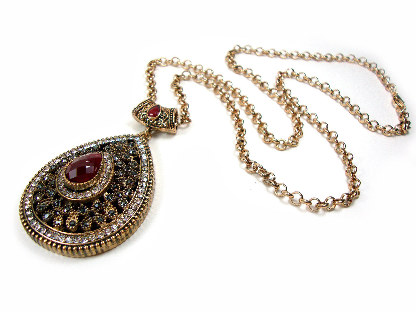 Byzantine Traditional Big Crystal Stones Chain Pendant 70x40mm , Ethnic, Antique Turkish Traditional Jewelry, Turkish PendantDrop Shape