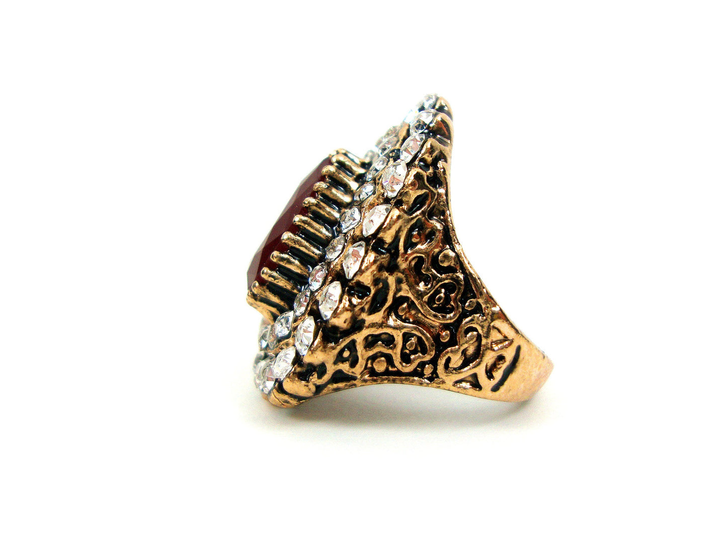 Byzantine Dark Red & White Color Crystal Stones Modern Greek Pear Shape Ring, Ethnic Ring, Turkish Vintage Ring Traditional Jewelry