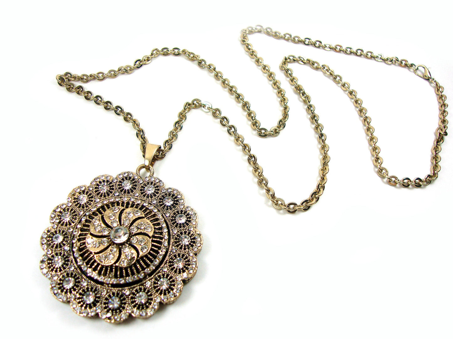 Byzantine Modern Round Big Crystal Stones Chain Pendant 50mm, Ethnic Pendant, Antique Turkish Traditional Jewelry, Crystal Long Necklace