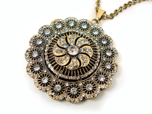 Byzantine Modern Round Big Crystal Stones Chain Pendant 50mm, Ethnic Pendant, Antique Turkish Traditional Jewelry, Crystal Long Necklace