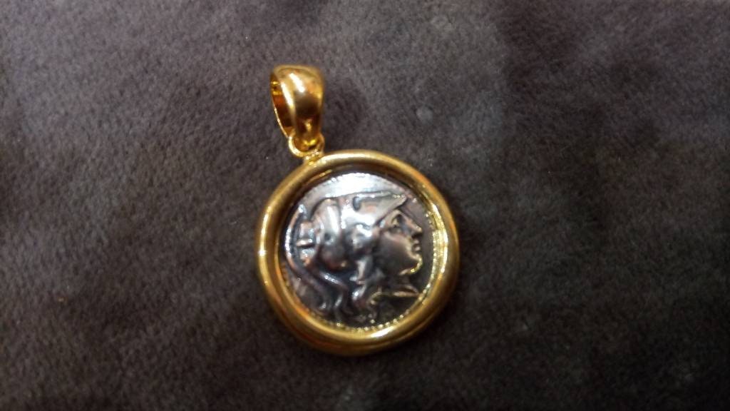Sterling Silver 925 Ancient Greek Goddess Athena Round Gold Plated 22K Pendant 17mm, Greek Silver Pendant, Griechische Silber Anhanger, Coin