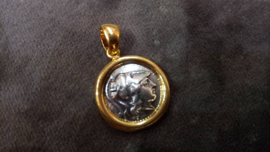 Sterling Silver 925 Ancient Greek Goddess Athena Round Gold Plated 22K Pendant 17mm, Greek Silver Pendant, Griechische Silber Anhanger, Coin