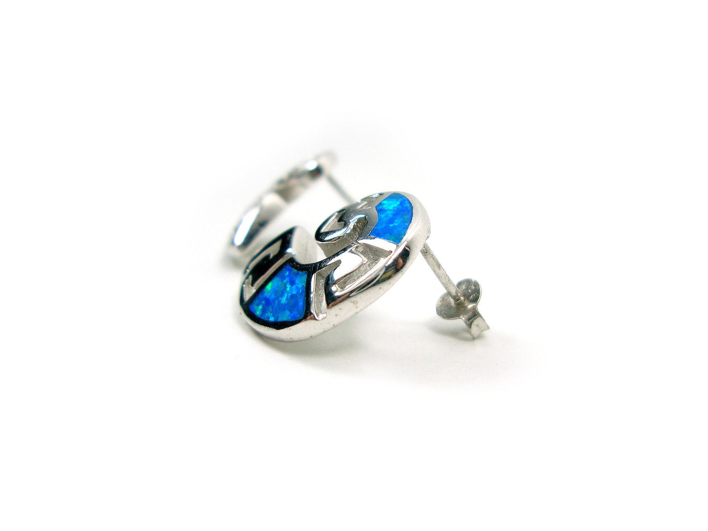 Sterling Silver 925 Greek Earrings , Nautilus Greek Key Spiral Fire Blue Opal Stone Round Dangle Earrings , Griechische Ohrringe Opal