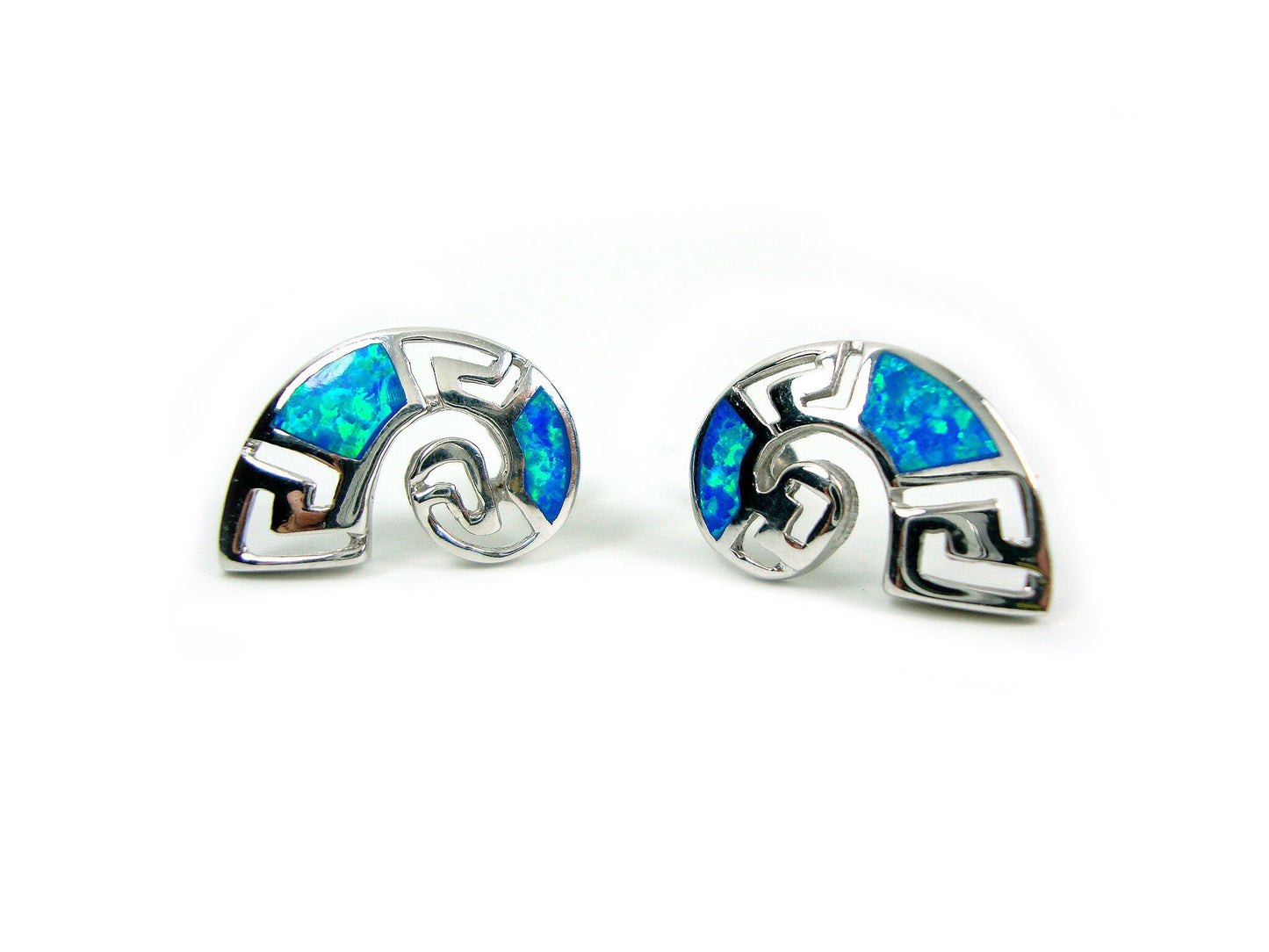 Sterling Silver 925 Greek Earrings , Nautilus Greek Key Spiral Fire Blue Opal Stone Round Dangle Earrings , Griechische Ohrringe Opal